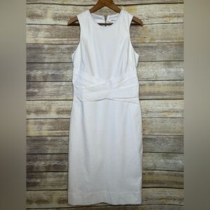 Helmut Lang Rippled Cotton Optic White Sleeve Sheath Dress sz 10 leather trim